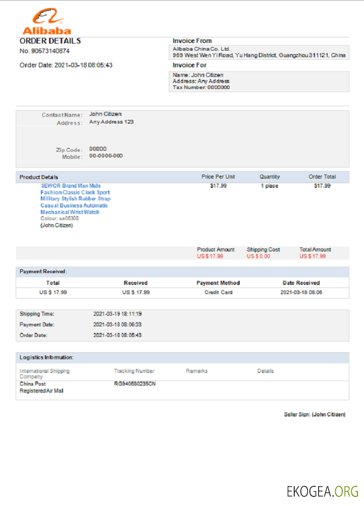 Facture Alibaba aux États , Unis